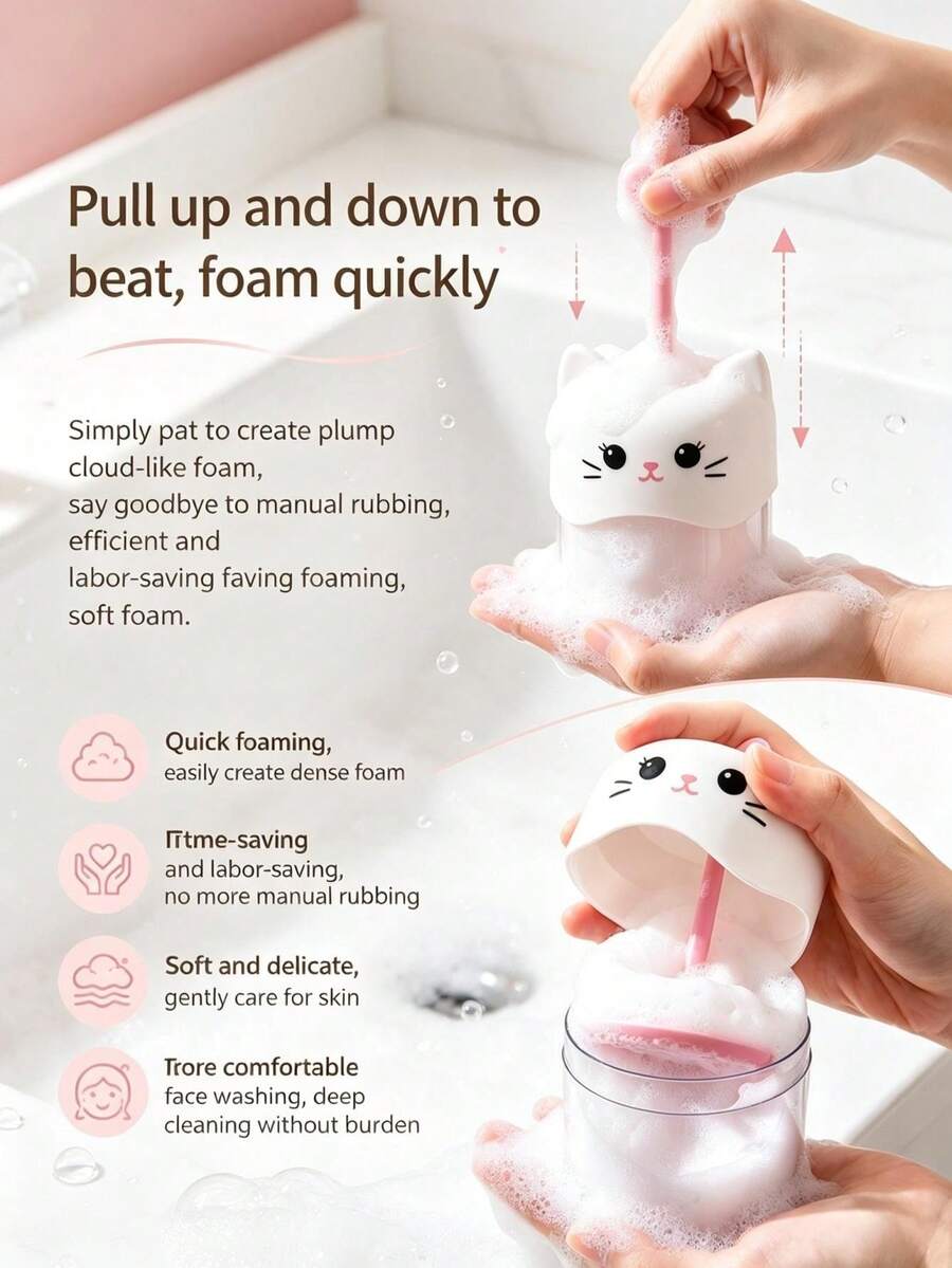 1pc Multicolor Cute Cat-Shaped Foaming Dispenser, Japanese Style AS-PP Plastic Round Pull-Type Foaming Dispenser With Heart-Shaped Pull Rod, Quick Dense Foam, Suitable For Facial Cleanser, Shampoo, Body Wash, Daily Bathroom Skincare Home Use - Multicolor - View 1