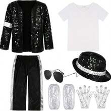 7PCS Kids Stage Performance Costume, Sequin Jacket Trousers Hat Gloves Outfit - Black - View 2