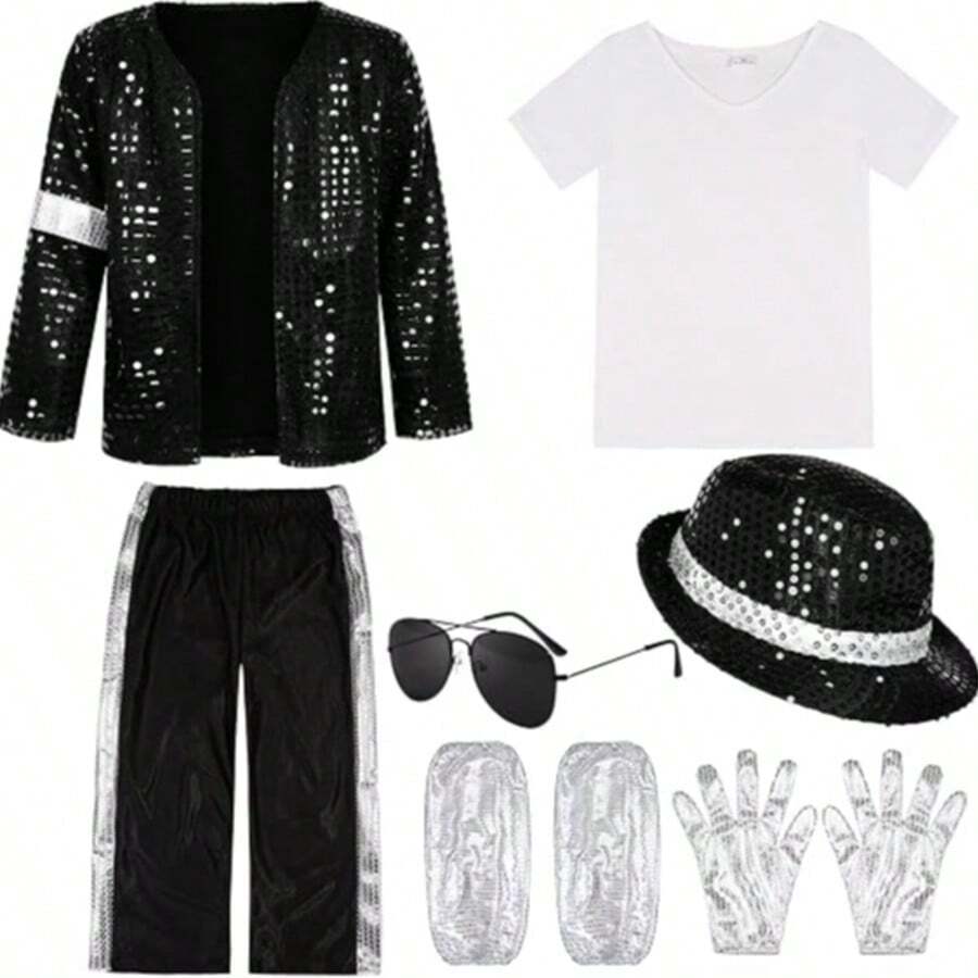 7PCS Kids Stage Performance Costume, Sequin Jacket Trousers Hat Gloves Outfit