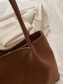 Tas Tote Bahu Lembut Wanita, Tas Hobo Terbuka, Warna Polos Kapasitas Besar, Gaya Minimalis Netral, Cocok Untuk Perjalanan dan Komuter Sehari-hari Wanita, Sepanjang Musim - Coklat - View 4