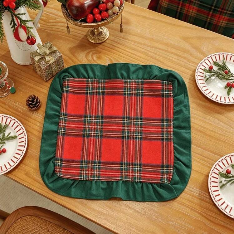 1/2/4pcs Vintage British Plaid Square Ruffled Napkins Placemats, Christmas Holiday Table Decor - Red - View 10