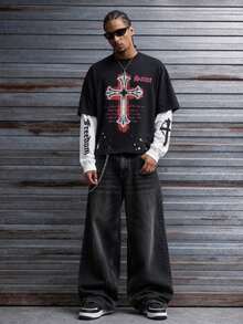 Men's Y2K Gothic Cross Letter Thorn 2 In 1 Patchwork Dropped Shoulder Short Long Sleeve T-Shirt - Multicolor - View 4
