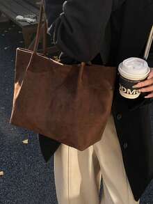 2026 Spring New Coffee Color Velvet Vintage Large Capacity Shoulder Bag, Underarm Bag, Handbag, Business Women Casual Style - Coffee Brown - View 5