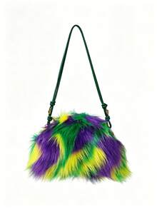 Women's Colorblock Faux Fur Crossbody Bag, Knotted Adjustable Shoulder Strap, Lightweight & Fashionable, Suitable For Party, Carnival, Winter Wear - Multicolor - View 2