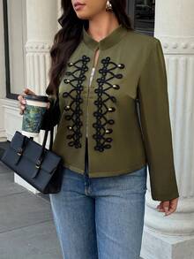 Autumn/Winter Solid Color Frog Button Stand Collar Long Sleeve Cropped Slim Fit Military Style Jacket, Plus Size Commuter Vintage Coat, Autumn Fashion - Army Green - View 6