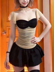 Women's Mesh Patchwork Slim Fit Versatile Daily Wear Top - Khaki - View 2