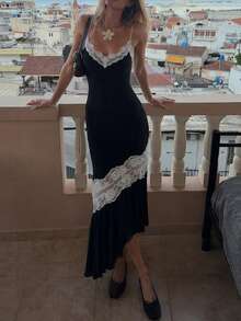 Women's Sexy Backless Lace Ruffle Patchwork Spaghetti Strap Maxi Dress, Vintage Elegant, 10cm - Black - View 5