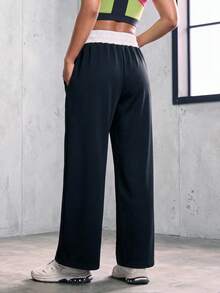 Knot & Curve Women's Long Pants Spring/Autumn Colorblock Waistband Letter Embroidery Sweatpants Drawstring Elastic Waist Retro Straight Leg Loose Sports Pants - Black - View 4