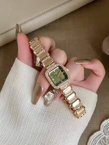 1pc Gold Square Women's Quartz Watch, Green Dial, Rhinestone Bezel, Folding Clasp Strap, Suitable For Daily Wear - Gold - View 3
