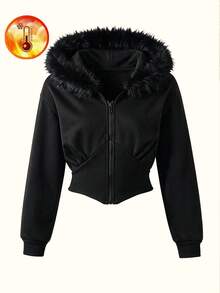 Lurzo Girls' Autumn/Winter Plush Warm Comfortable Zip-Up Hooded Jacket, Ribbed Waist Curved Hem Hooded Top, Outdoor/Back To School/Holiday - Black - View 4