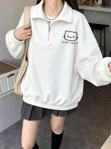 1件女款長袖 Polo 領衛衣，貓咪印花圖案，秋冬休閒寬鬆半拉鍊套頭衫 - 白色 - 查看 2