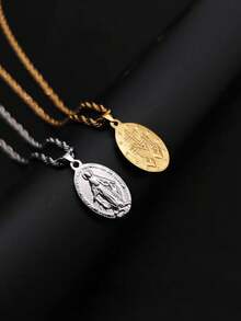 1pc Minimalist Personalized French Vintage Stainless Steel 18K Gold Plated Oval Portrait Virgin Mary & Jesus Pendant Twisted Chain Necklace - Multicolor - View 1