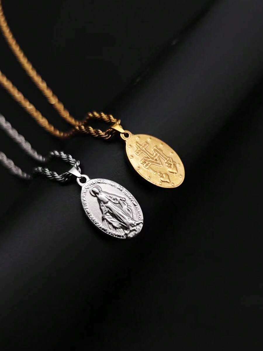 1pc Minimalist Personalized French Vintage Stainless Steel 18K Gold Plated Oval Portrait Virgin Mary & Jesus Pendant Twisted Chain Necklace - Multicolor - View 1