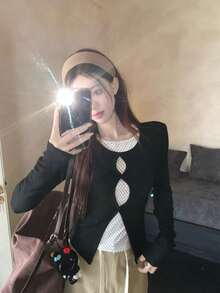 Sweet & Spicy Style Design 2 In 1 Hollow Out Long Sleeve T-Shirt Women's New Polka Dot Base Layer Slim Fit Top - Black - View 4