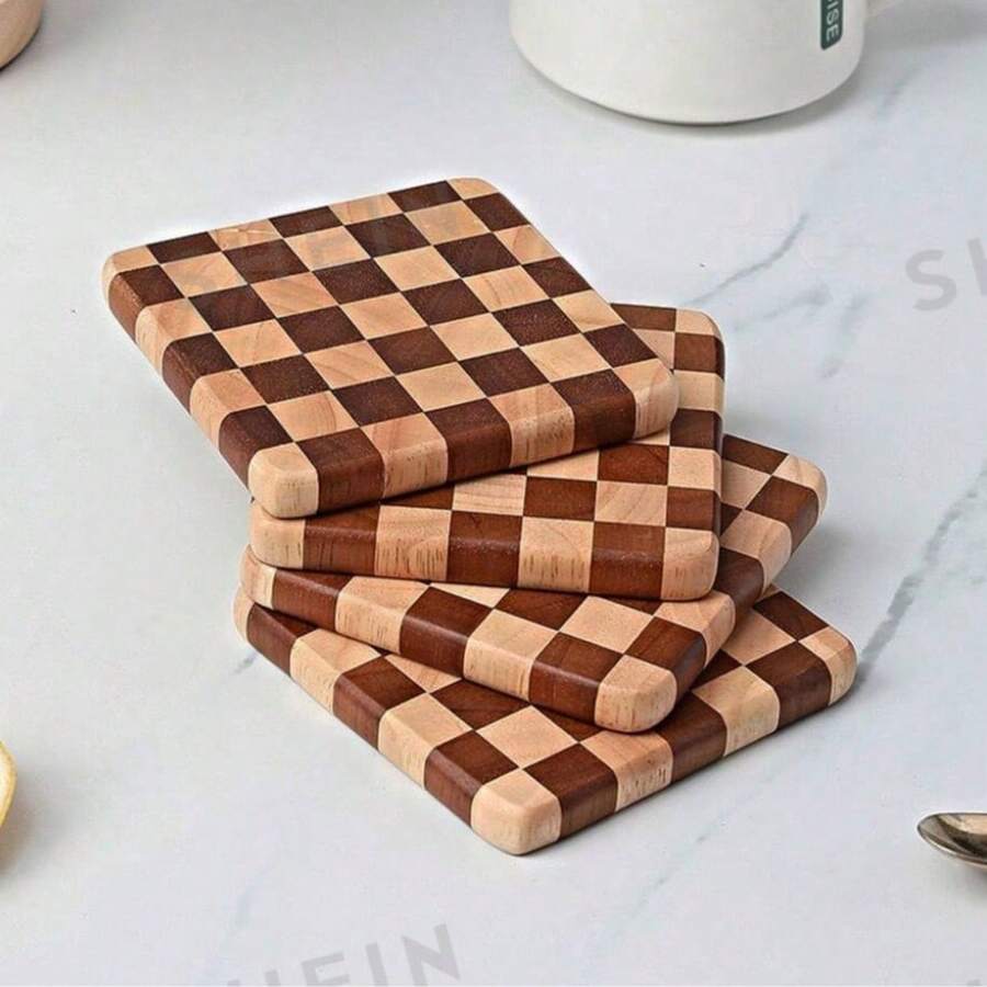 1PC/2PCS/3PCS/4PCS Solid Wood Checkerboard Coffee Cup Coasters, Creative Square Coasters Antibacterial Anti-Mold Heat-Resistant Home Tea Tray Cake Tray, Tea Cup Coaster Small Tray Suitable For Home, Office, Tea Room Use - Multicolor - View 1