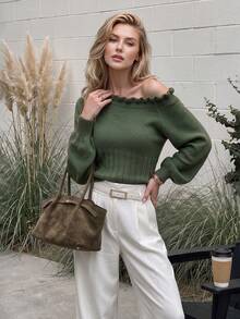Women Autumn Off Shoulder Ruffle Knit Sweater Long Sleeve Ribbed Slim Knit Top Fall Outfits For Women Clothes - Green - View 9