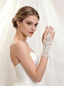 1 Pair White Short Rhinestone Lace Fingerless Gloves, Bridal Embroidered Lace Gloves With Ties, Elegant Accessory For Wedding, Banquet, Party, Performance, Birthday, Holiday Events - Multicolor - View 2