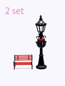 Mini Christmas Street Lamp & Park Bench Set, Holiday Use, Vintage Black Floral Lamp & Mini Wooden Bench, Winter Miniature Landscape 3D Decoration, Suitable For Christmas Desktop Fairy Garden Decor - Multicolor - View 14