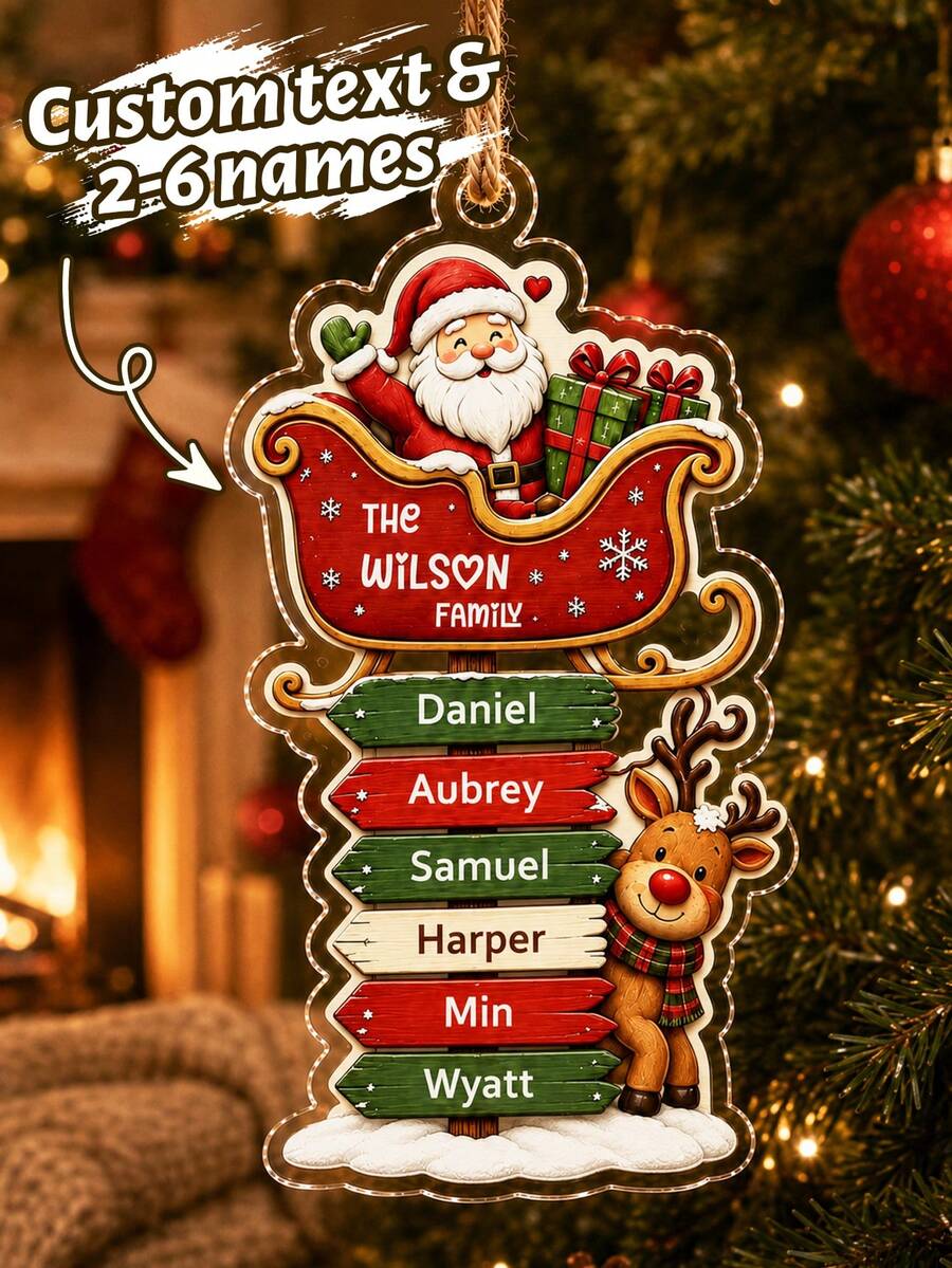 Custom Santa Sleigh Family Name Ornament, Personalized 2-6 Names Christmas Tree Decor, Festive Reindeer Signpost Style, Customized Wall Hanging, Customizable Text Family Keepsake, Holiday Home Decor, Christmas Gift 2026, Christmas Decorations - Style a - View 1