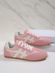 Women's Round Toe Colorblock Soft Sole Flat Lace-Up Style Retro Casual Sneakers For Spring And Autumn Daily Wear - Pink - View 7