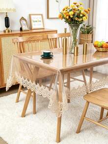 Transparent PVC Tablecloth With Elegant Coffee-Colored Lace Trim, Waterproof And Oil-Resistant Rectangular Dining Table Cover, Suitable For Home Dining Table And Kitchen Decor - milk coffee color - View 2