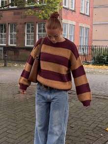 Burgundy And Camel Striped Chunky Knit Pullover Sweater, Women's Autumn Top - Multicolor - View 4