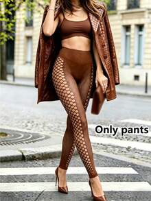 1 Pair Women Brown High Waist Stirrup Fishnet Mesh Leggings, Scallop Trim Sheer Streetwear Club Pantyhose - Coffee Brown - View 1