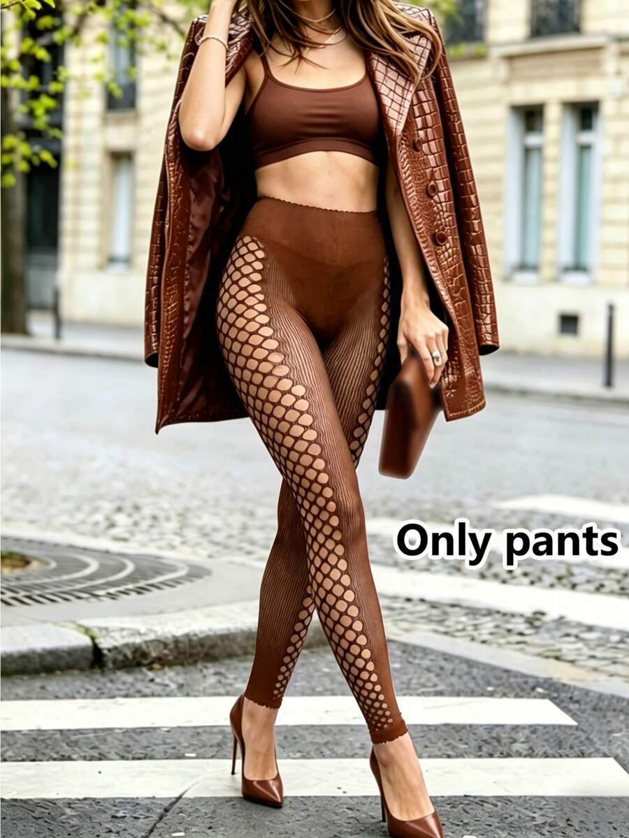 1 Pair Women Brown High Waist Stirrup Fishnet Mesh Leggings, Scallop Trim Sheer Streetwear Club Pantyhose - Coffee Brown - View 1