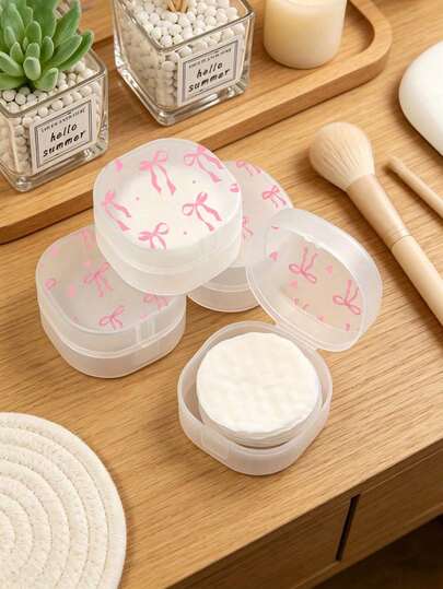 Cute Pink Bow Pattern Round Storage Box - Portable Makeup Pad And Cleaning Product Storage Box, Sealed Travel Design, Suitable For Brushes, Balls, Beads, Etc., Bathroom And Vanity Storage, Makeup Remover Storage Box, Smooth Surface, Transparent Storage Box, Dorm Essential, Makeup Storage Tool, DIY Essential, Gift For Family And Friends, Back To School Essential