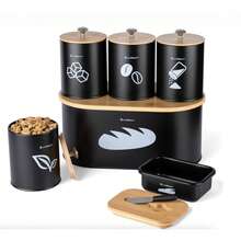 6-Piece Kitchen Storage Set With Bread Box, 3 Canisters, Butter Dish & Bamboo Lids, Modern Countertop Organizer For Bread, Coffee, Tea, Sugar & More - Black - View 6