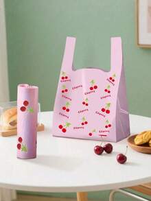 100/1pc Cherry Pattern Plastic T-Shirt Bag, Thickened Disposable Gift Tote Bag, Pink Cherry Fruit Print Shopping Bag, Suitable For Wedding, Mother's Day, Celebration, Back To School - Multiple Styles - View 2