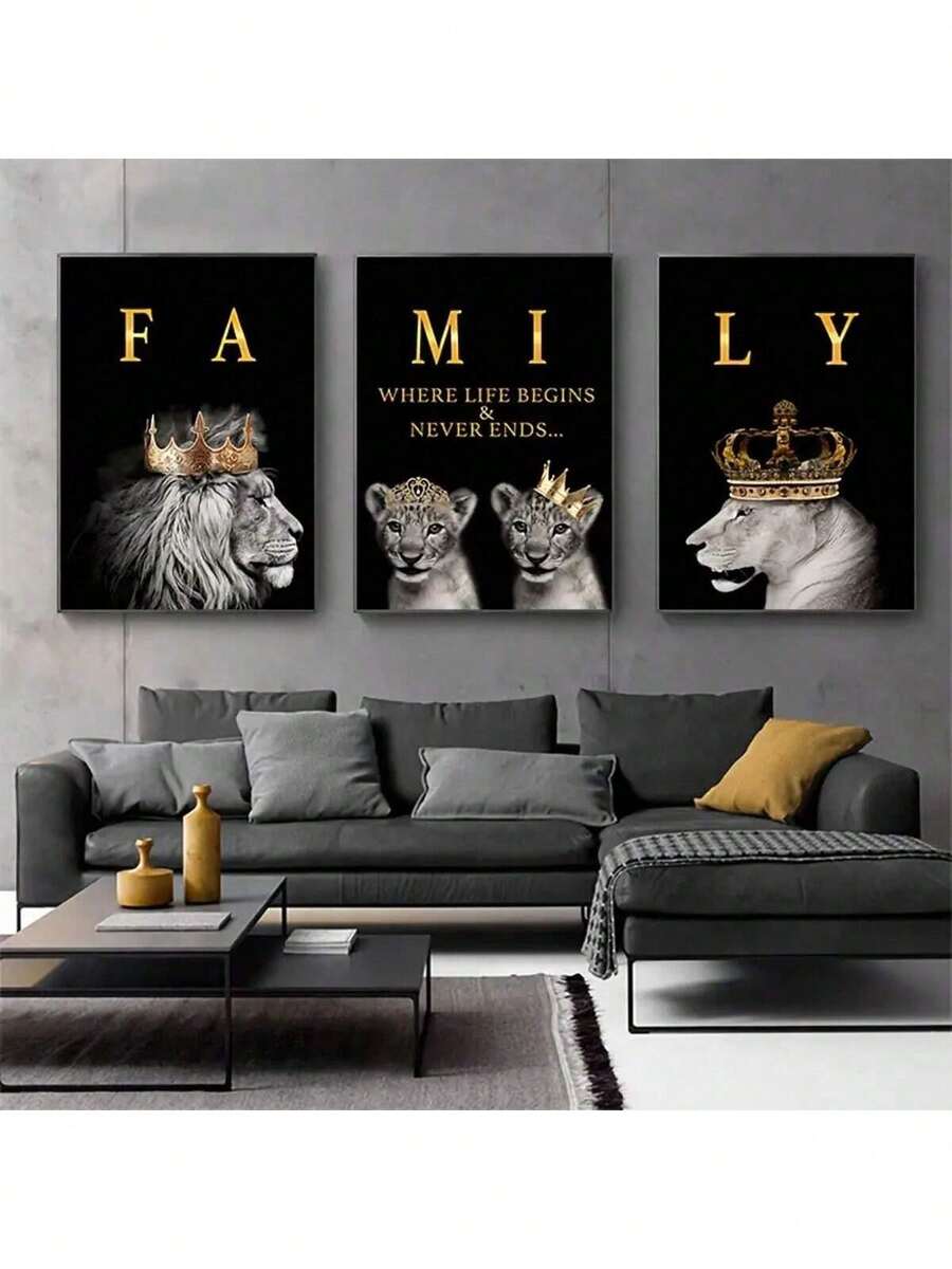 3pcs/Set Modern Abstract Lion Family Inspirational Quote Wall Art Canvas Painting, Suitable For Living Room Decor, Unframed - Lion - View 1