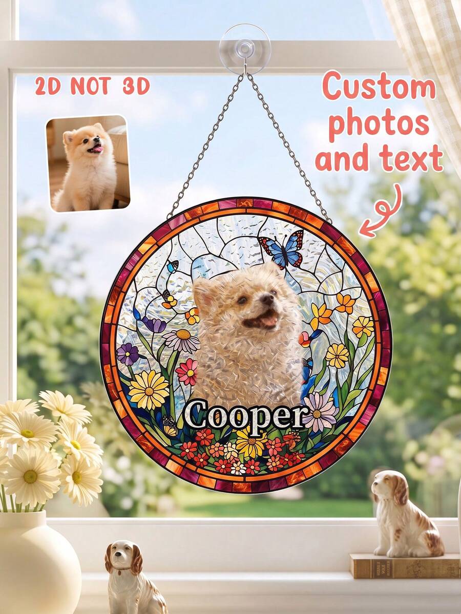 1pc Custom Pet Photo And Text Hanging Ornament,Round Window Wall Hanging Ornament With Metal Chain,Personalized Pet Loss Memorial Sympathy Keepsake Gift For Dog Cat Pet Lovers Home Decor - Multicolor - View 1