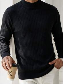 Men's Ribbed Slim Fit Regular Shoulder Mercerized Mock Neck Long Sleeve Sweater - Black - View 5