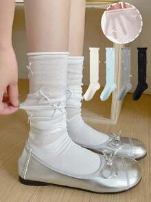 1 Pair Women's Bow Decor Mid-Calf Socks, Women's Thin Leg Warmers, Ballet / JK Style Socks - Multicolor - View 2