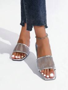 1 Pair Solid Color Fashion Hollow Silver Flat Sandals, Vacation Autumn/Winter Casual Comfortable Slip-On - Silver - View 3