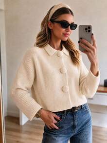 Sweater Rajut Leher Bulat Berwarna Abu-abu Muda Elegan dengan Motif Bercak, Atasan Serbaguna untuk di Rumah, Kantor, dan Perjalanan - Aprikot - View 3