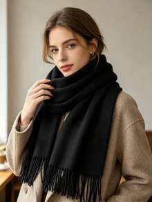1pc Autumn/Winter Warm Solid Color Scarf, Minimalist Versatile Neck Warmer Shawl, Multiple Colors Available - Black - View 4