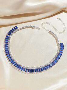 Light Luxury Rectangular Gradient Crystal Collarbone Necklace, Multiple Colors Available, Banquet Ball Photography Dress Matching Necklace - Blue - View 3