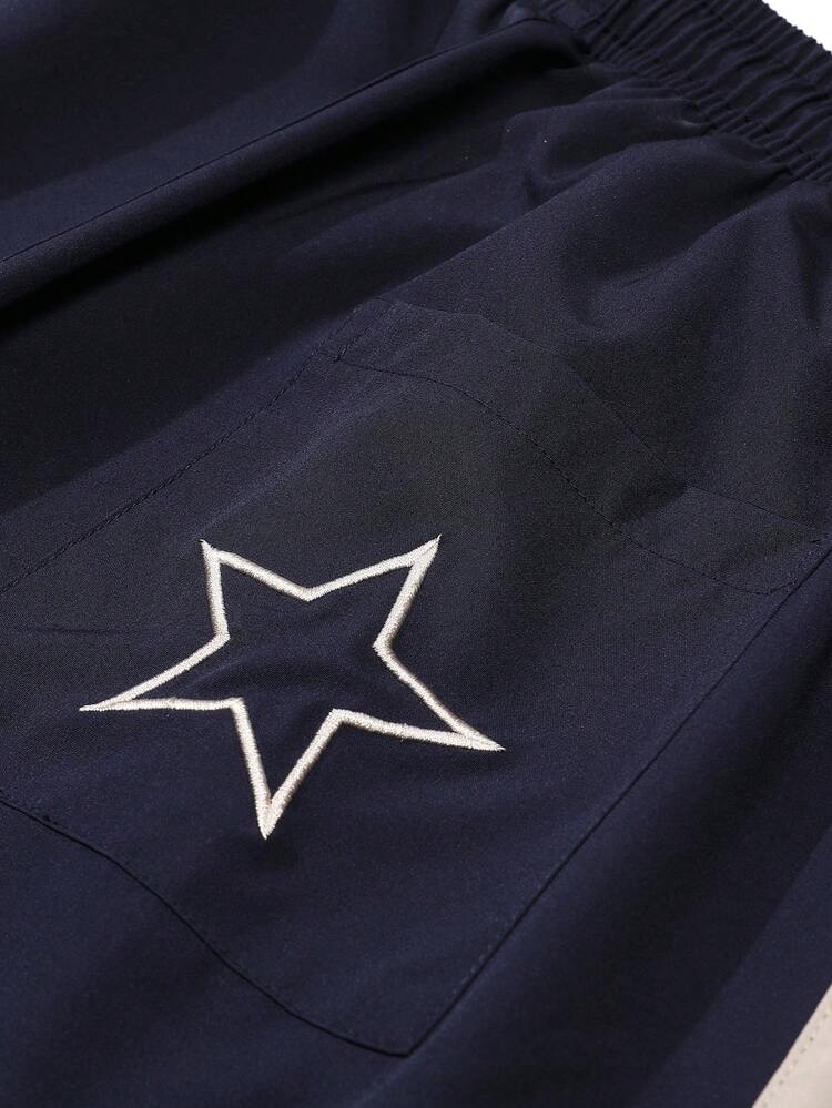 Women's Black Polyester Straight Leg Pants, Side Stripe And Star Embroidery, Long Drawstring Waistband, With Pockets - Blue - View 6
