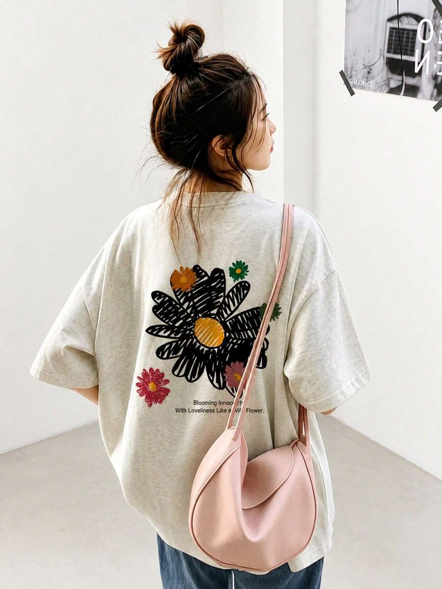 女士宽松圆领短袖字母花卉印花T恤,春夏休闲款 - 淺花灰 - 查看 1