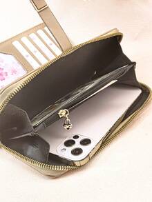 Women's Mini Handheld Phone Wallet, Exquisite Clasp Colorblock Patchwork Soft PU Long Wallet, Multi-Functional Large Capacity ID Card Holder, Zipper Coin Purse, Lightweight And Fashionable - Apricot - View 6