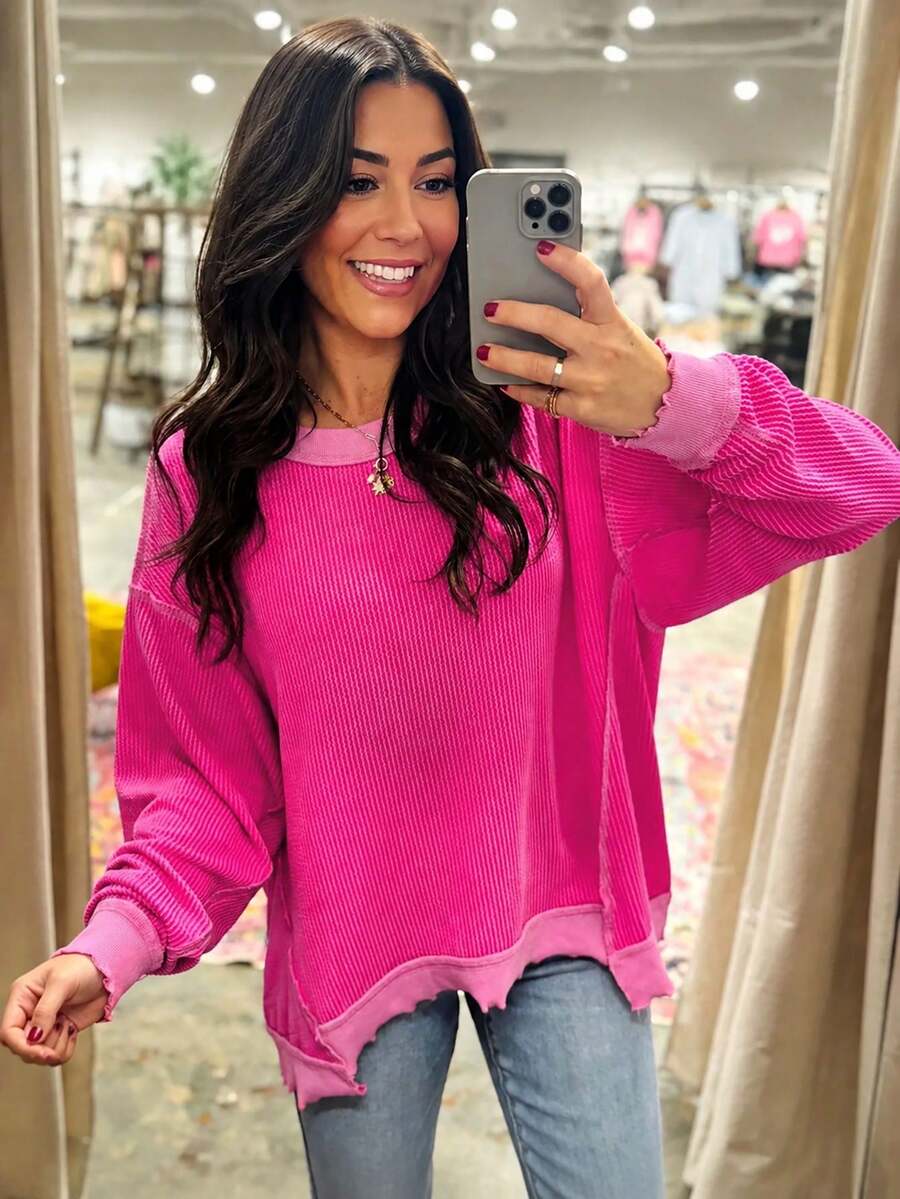 Acelitt Autumn Solid Color Textured Striped Cuffed Long Sleeve Casual Loose Crew Neck T-Shirt Spring - Hot Pink - View 1