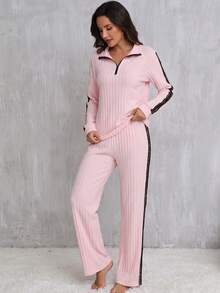 Women's Spring Autumn Winter Pajama Set, Contrast Color Ribbed Knit Fashion Lace Trim Minimalist Half-Zip Lapel Pullover Long Sleeve Casual Pants Comfortable Loungewear 2-Piece Set - Pink - View 7