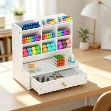 1pc Desktop DIY Pen Holder Storage Box, Multi-Functional Office Supplies Stationery Box, Large Capacity Student Wood-Plastic Pen Rack Organizer - White - View 17