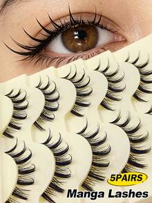 5 Pairs Natural Manga Anime False Eyelashes, Strip Lashes, Transparent Stem Transparent Band, Cosplay False Eyelashes, Suitable For Daily Wear And Various Occasions, Easy To Wear And Reusable, Suitable For Beginners, Manga Lashes, Spiky Lashes - Black - View 1