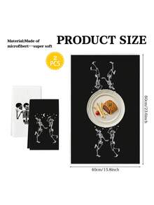 2pcs Halloween Dancing Skeleton Print Kitchen Towels, Black And White Skull Moon And Star Design Dish Cloths, Suitable For Kitchen Cleaning & Halloween Decor - Black and White - View 2