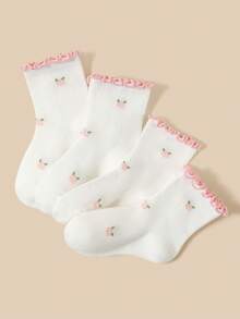 4 Pairs White Socks For Infants/Children/Students, Ruffle Trim Lace Socks, Simple Fashion Versatile All-Season Style, Skin-Friendly Comfortable Soft Breathable Casual Sports Socks, Suitable For Daily Wear/Holiday Gifts/Travel/Back To School/Campus Outfits/Sports Outfits/Classroom/New Semester/School Opening/Student/Back To School Season Outfits - Multicolor - View 4