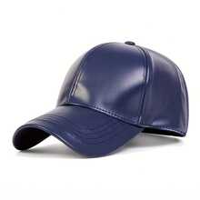 1pc Men's PU Leather Baseball Cap, Black, Adjustable, Solid Color, Sun Protection, Casual Hat Suitable For Spring/Autumn Travel, Beach, Party - Navy Blue - View 5