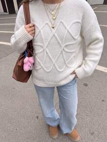 Sweater Wol Elegan Wanita dengan Bordir Garis Tekstur 3D Gaya Klasik, Cocok untuk Kembali ke Sekolah, Lengan Panjang, Warna Putih, Atasan Rajut Bergaris, Gaya Streetwear Musim Gugur - Putih - View 7